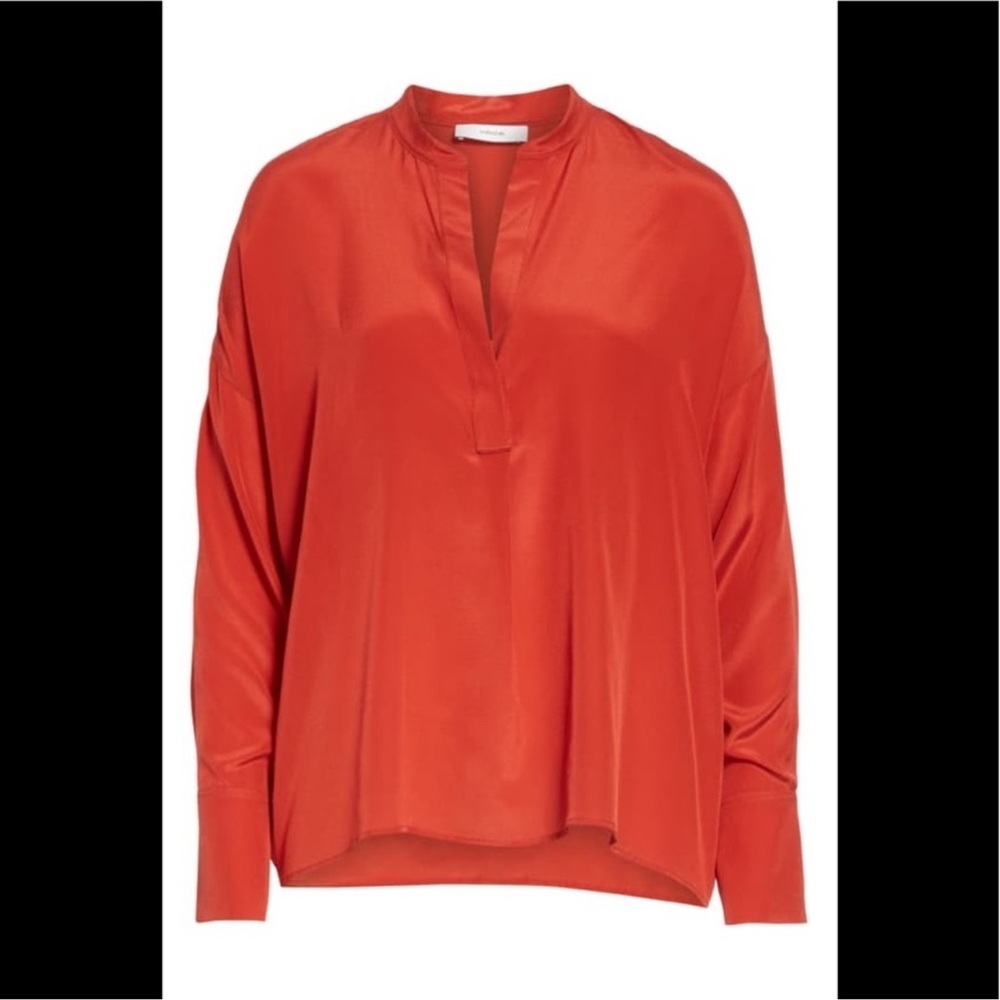 Vince Silk Band Collar Blouse Adobe Red Long Sleeve Minimalist Size M - Picture 8 of 12